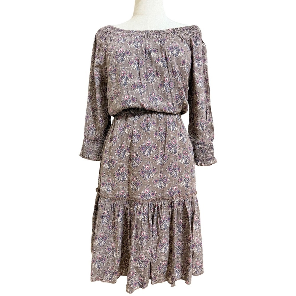 Solitaire Women’s Midi Dress Mauve Paisley Off Shoulder Smocked Tiered Boho S